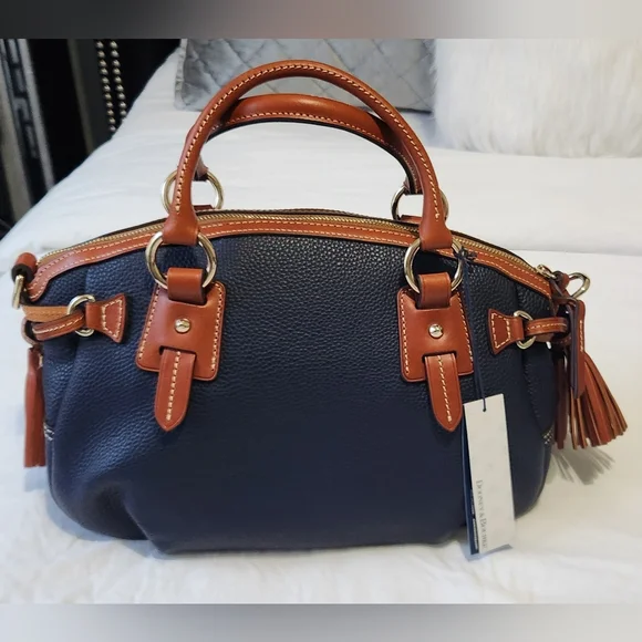 BRAND NEW Dooney & Bourke Navy and Tan Leather Satchel - Picture 3 of 6